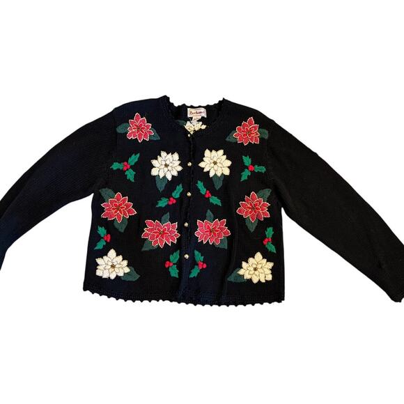 Bechamel XL Black Poinsettia Holiday Cardigan Sweater 90s Raime Cotton Blend - Picture 5 of 5